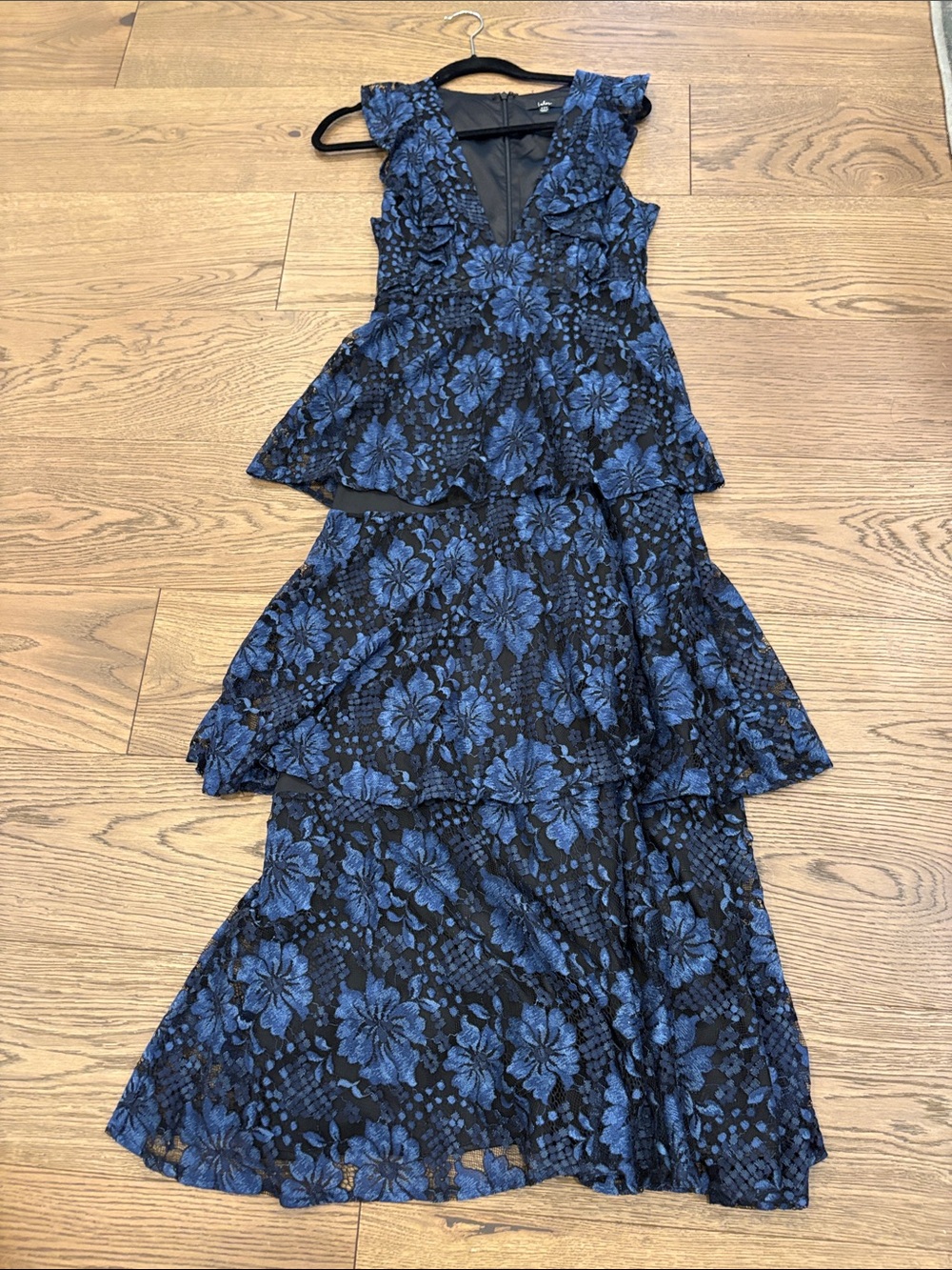 Lulu's Navy and Black Floral Lace Tiered Wedding Dress